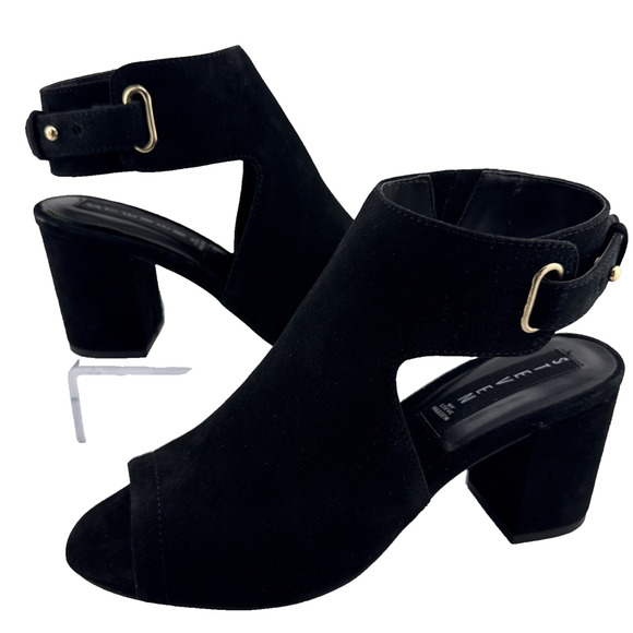 STEVEN MADDEN 6 Leather Black VENUZ Sandals Peeptoe Slingback Block 3" NEW - Picture 1 of 14